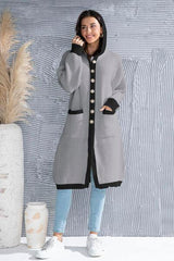 Button Up Contrast Trim Hooded Cardigan - Trendsi