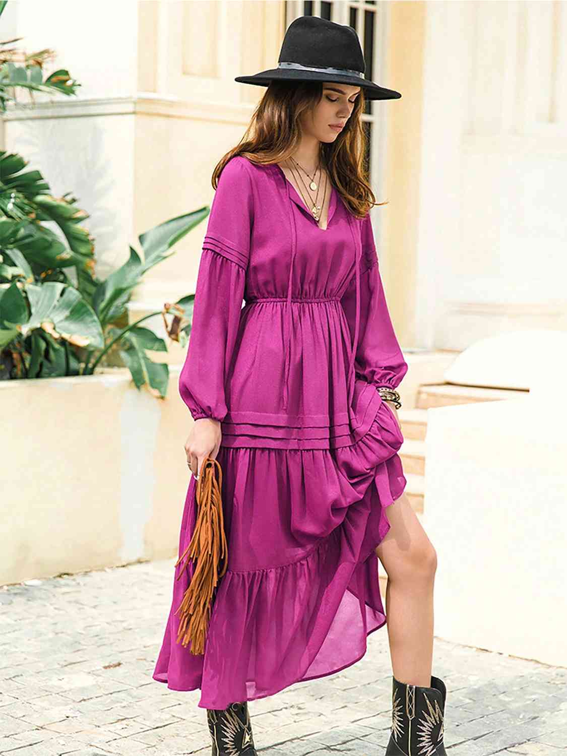 Tie Neck Long Sleeve Midi Tiered Dress - Trendsi - Flyclothing LLC