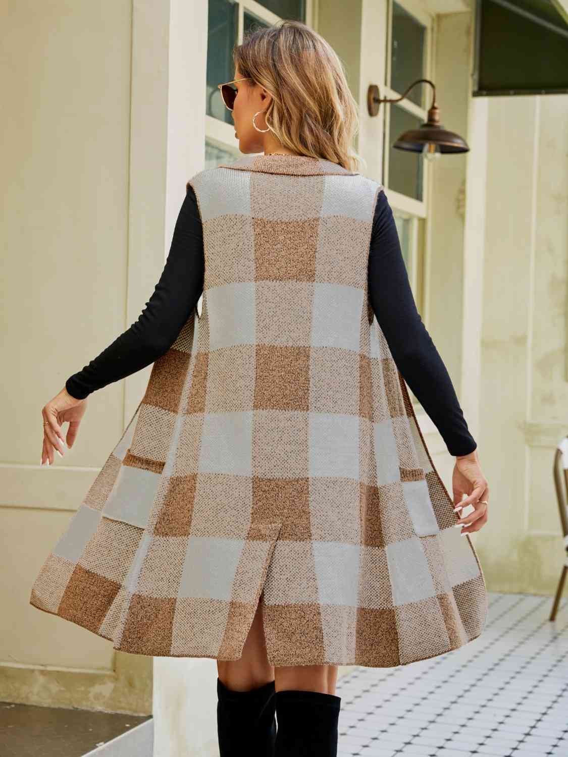 Plaid Lapel Collar Sleeveless Cardigan - Trendsi - Flyclothing LLC