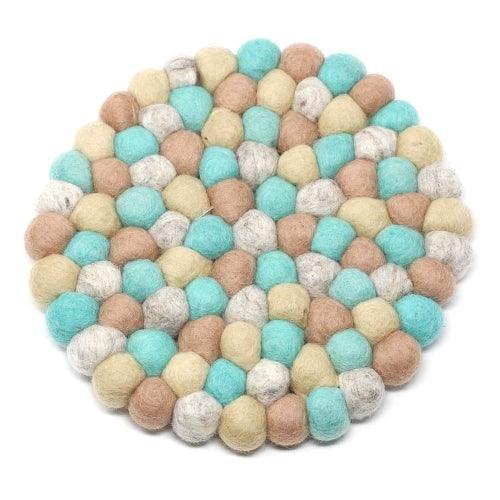 Hand Crafted Felt Ball Trivets from Nepal: Round, Sky - Global Groove (T) - Global Groove