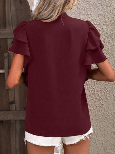 Ruffled Notched Short Sleeve Blouse - Trendsi - Flyclothing LLC
