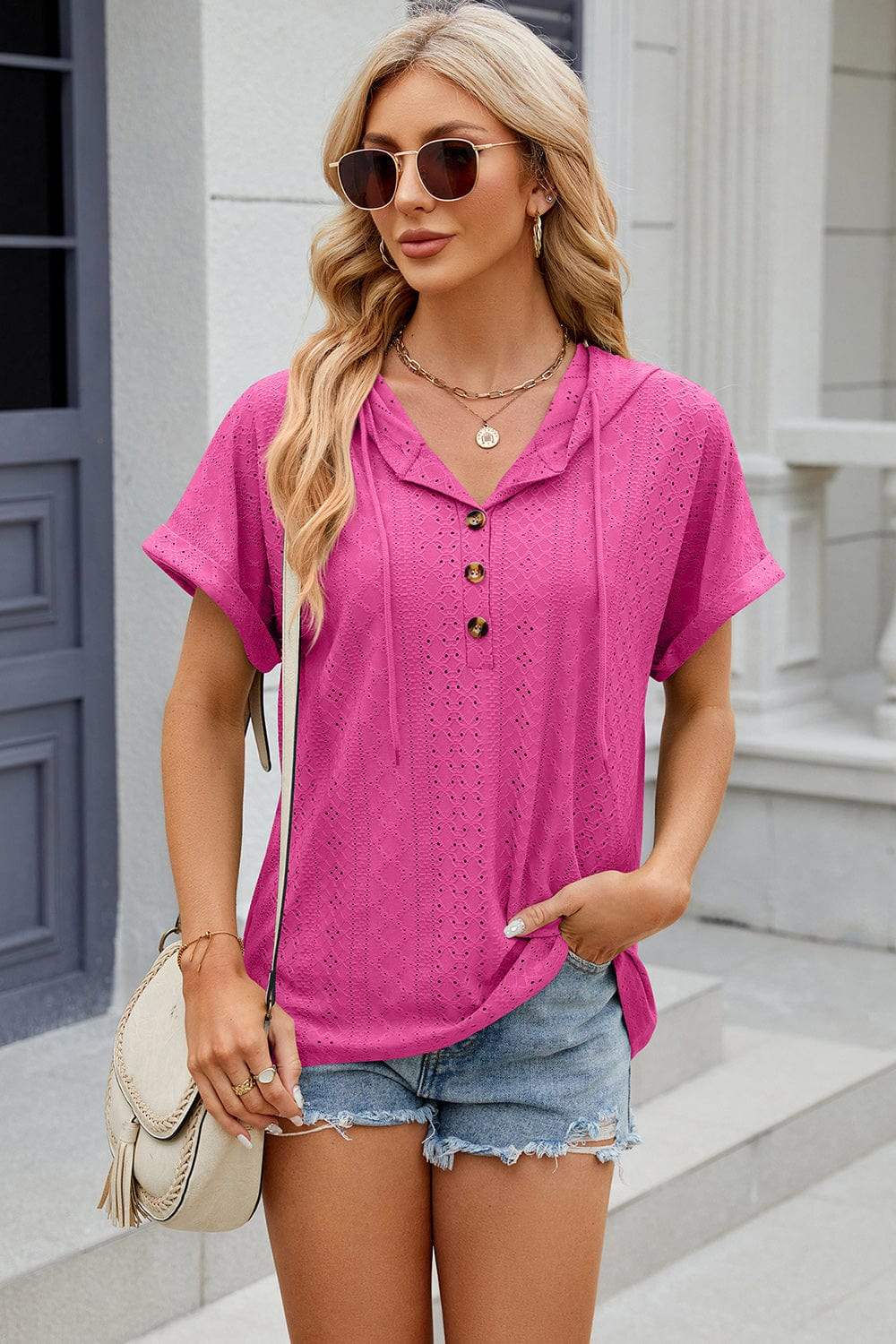 Eyelet Drawstring Hooded Short Sleeve Blouse - Trendsi - Flyclothing LLC