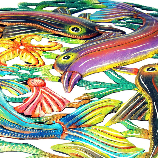 Coastal Playful Dolphins Haitian Metal Drum Wall Art - Haitian Artisans
