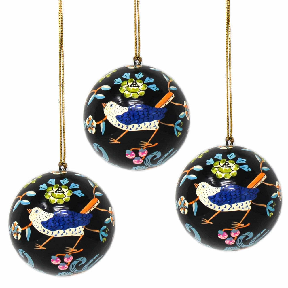 Handpainted Ornament Birds and Flowers, Black - Pack of 3 - Asha Handicrafts