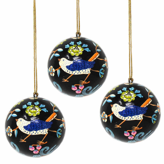 Handpainted Ornament Birds and Flowers, Black - Pack of 3 - Asha Handicrafts