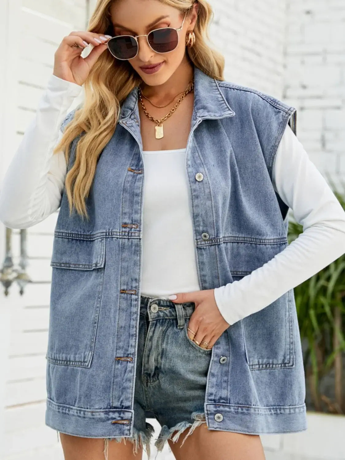 Collared Neck Sleeveless Denim Top with Pockets - Trendsi - Flyclothing LLC