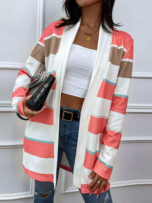 Striped Open Front Longline Cardigan - Trendsi - Flyclothing LLC