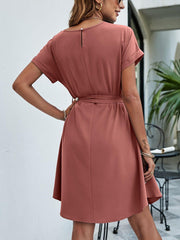 Belted Round Neck Curved Hem Dress - Trendsi