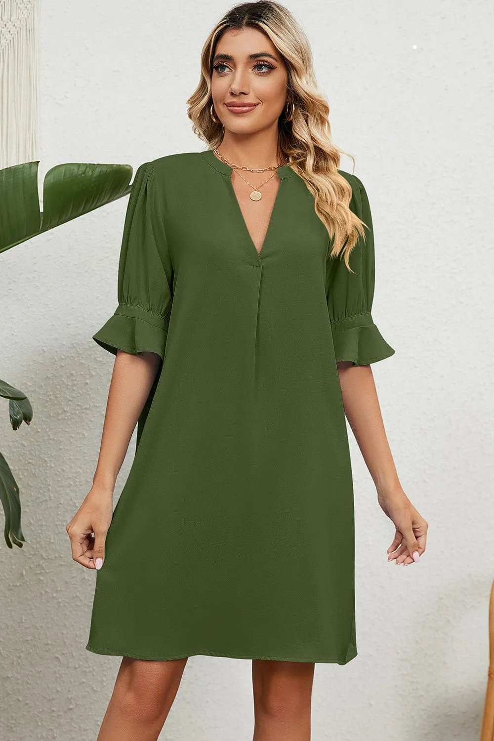 Notched Flounce Sleeve Mini Dress - Trendsi - Flyclothing LLC