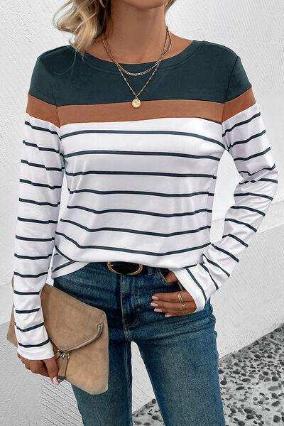 Striped Round Neck Long Sleeve T-Shirt - Trendsi - Flyclothing LLC