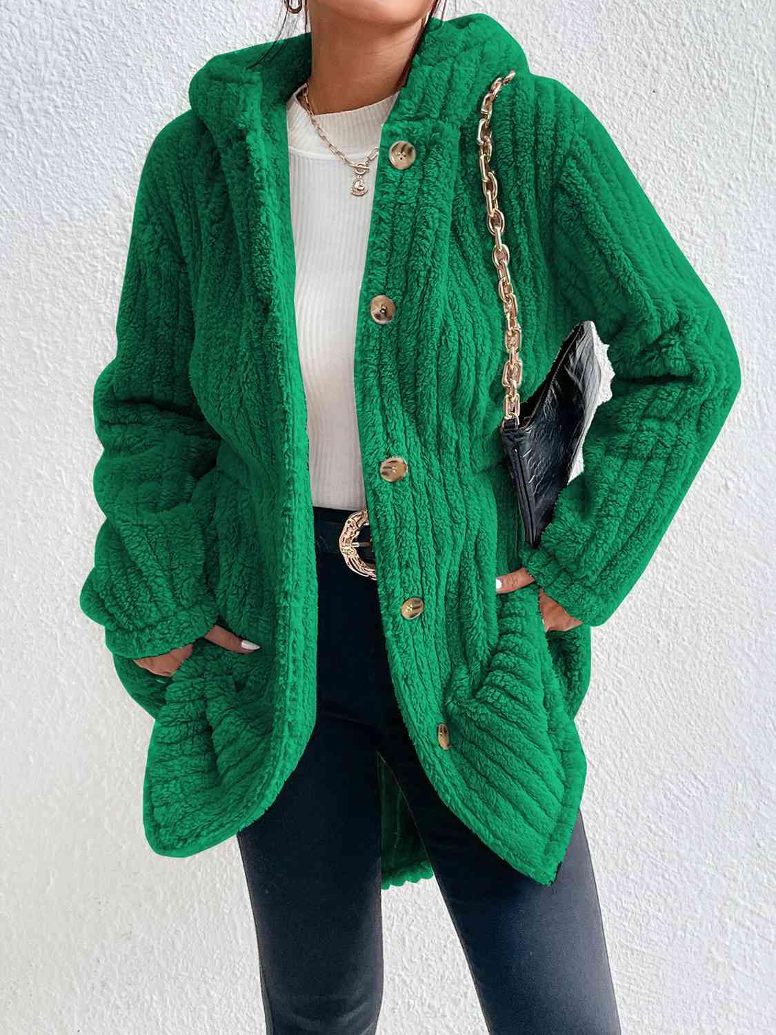 Button Down Hooded Coat - Trendsi