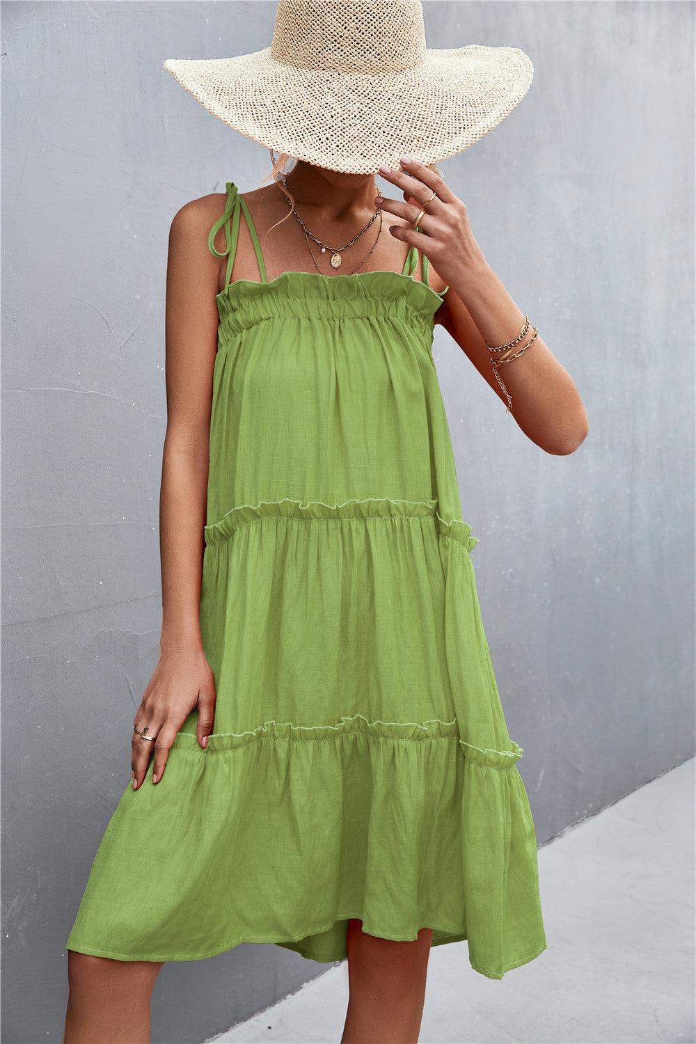 Tie-Shoulder Frill Trim Sleeveless Dress - Trendsi - Flyclothing LLC