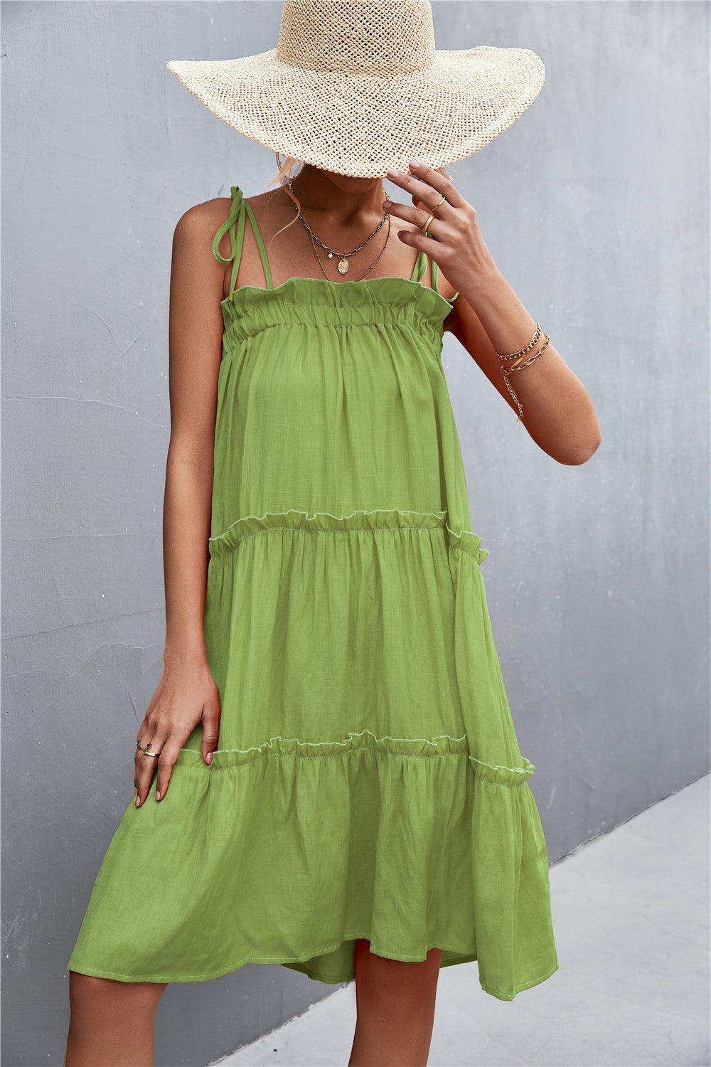 Tie-Shoulder Frill Trim Sleeveless Dress - Trendsi - Flyclothing LLC