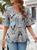 Printed Flounce Sleeve Ruffle Hem Blouse - Trendsi - Flyclothing LLC