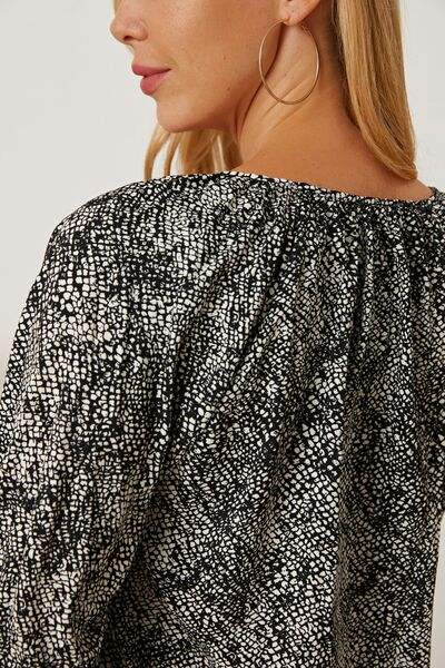 Printed Tie Neck Lantern Sleeve Blouse - Trendsi - Flyclothing LLC