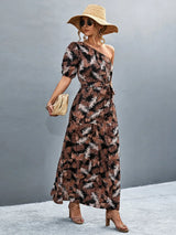 Printed Tie Waist One Shoulder Maxi Dress - Trendsi - Flyclothing LLC