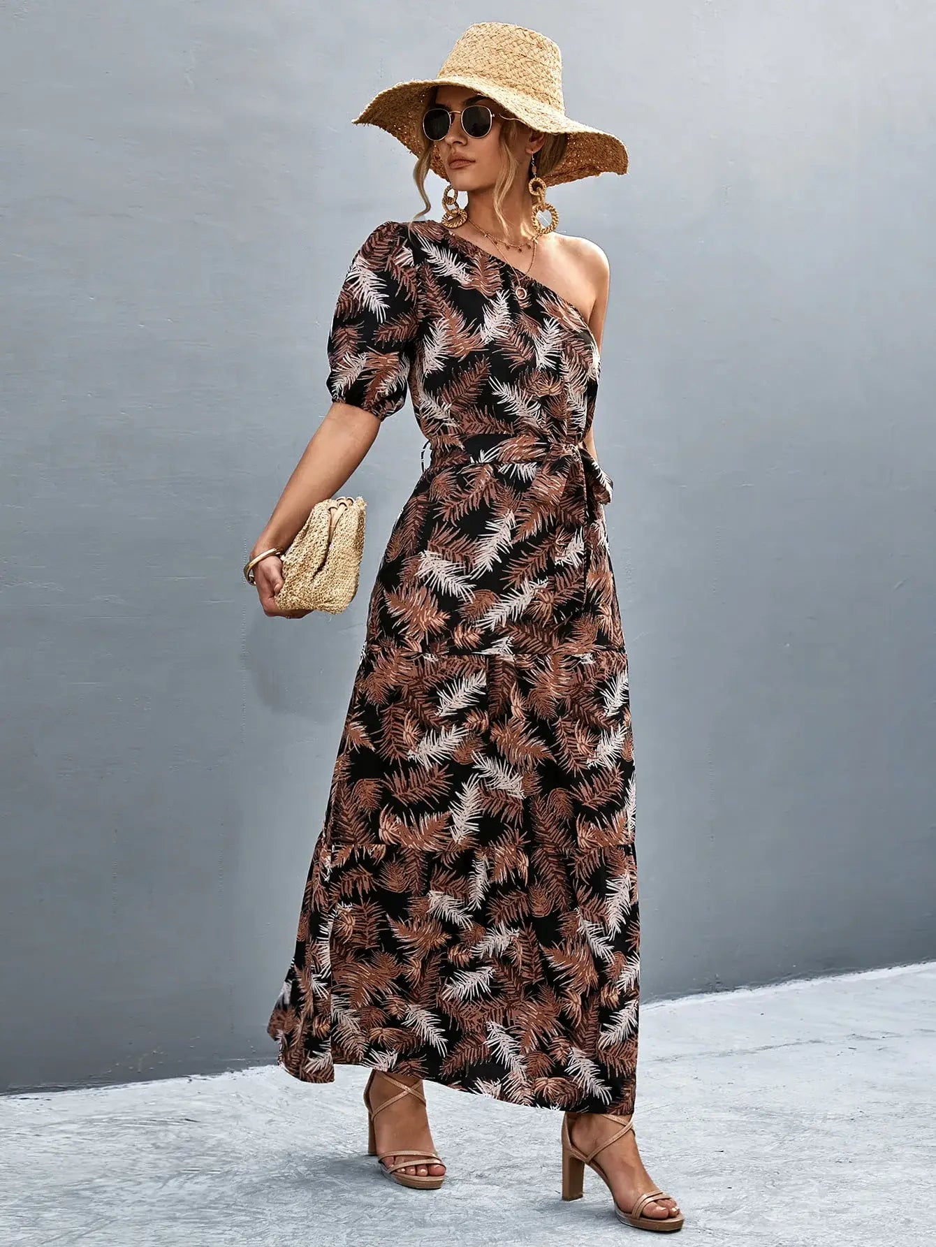 Printed Tie Waist One Shoulder Maxi Dress - Trendsi - Flyclothing LLC