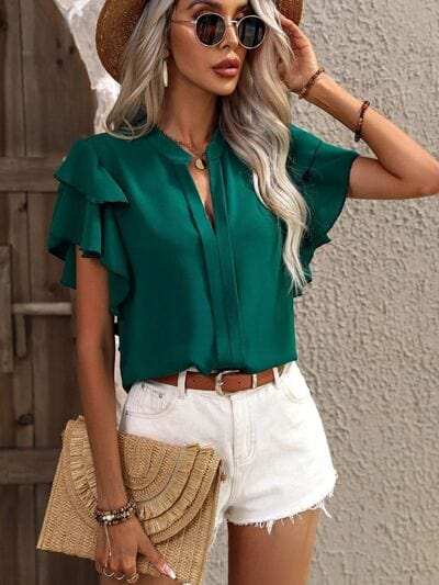 Ruffled Notched Short Sleeve Blouse - Trendsi - Flyclothing LLC