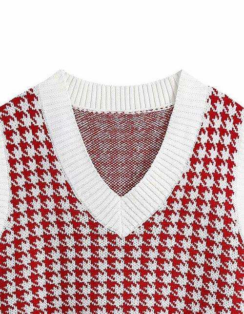 Houndstooth V-Neck Sweater Vet - Trendsi - Flyclothing LLC