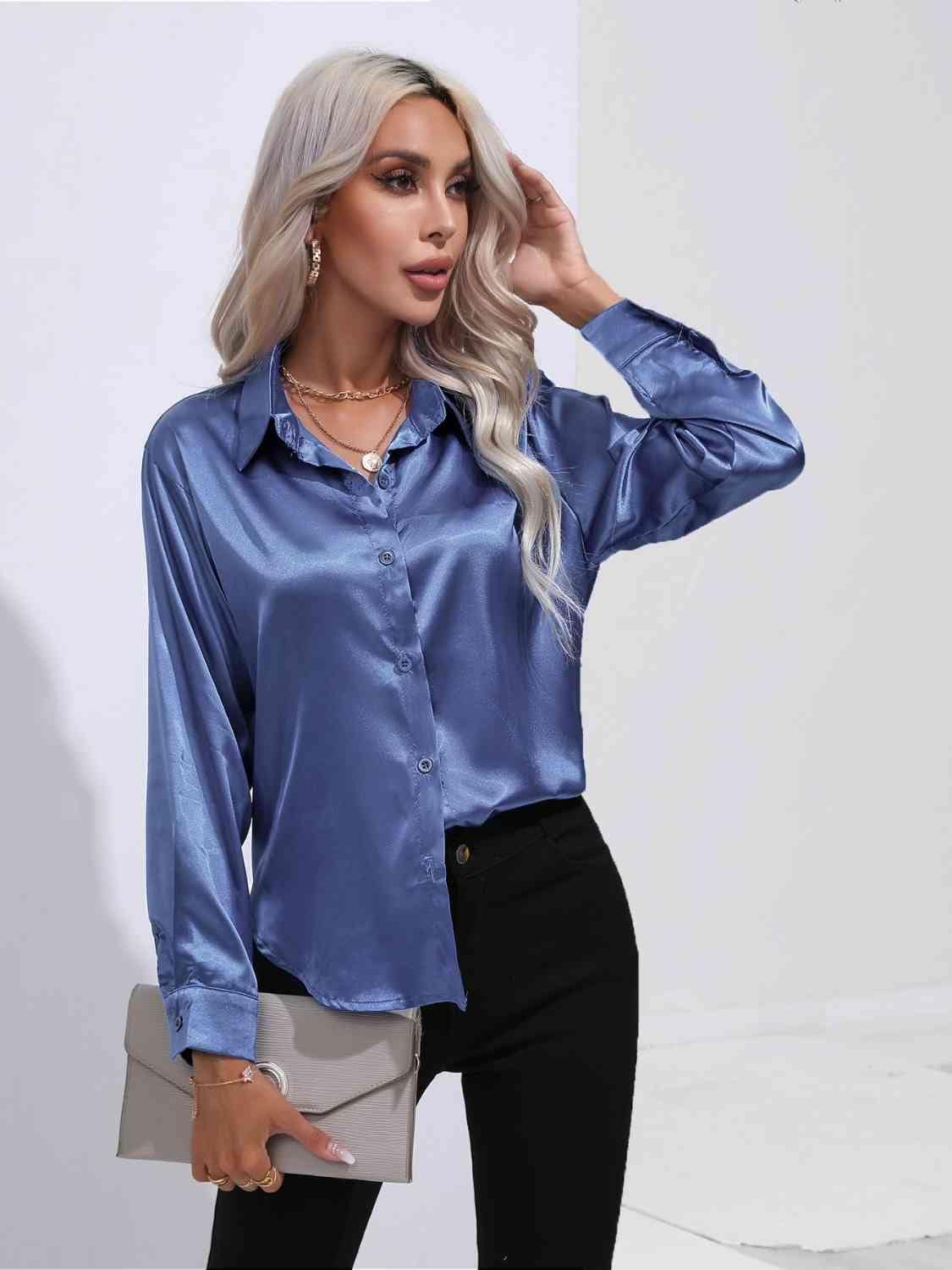 Collared Neck Buttoned Long Sleeve Shirt - Trendsi