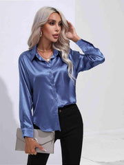 Collared Neck Buttoned Long Sleeve Shirt - Trendsi