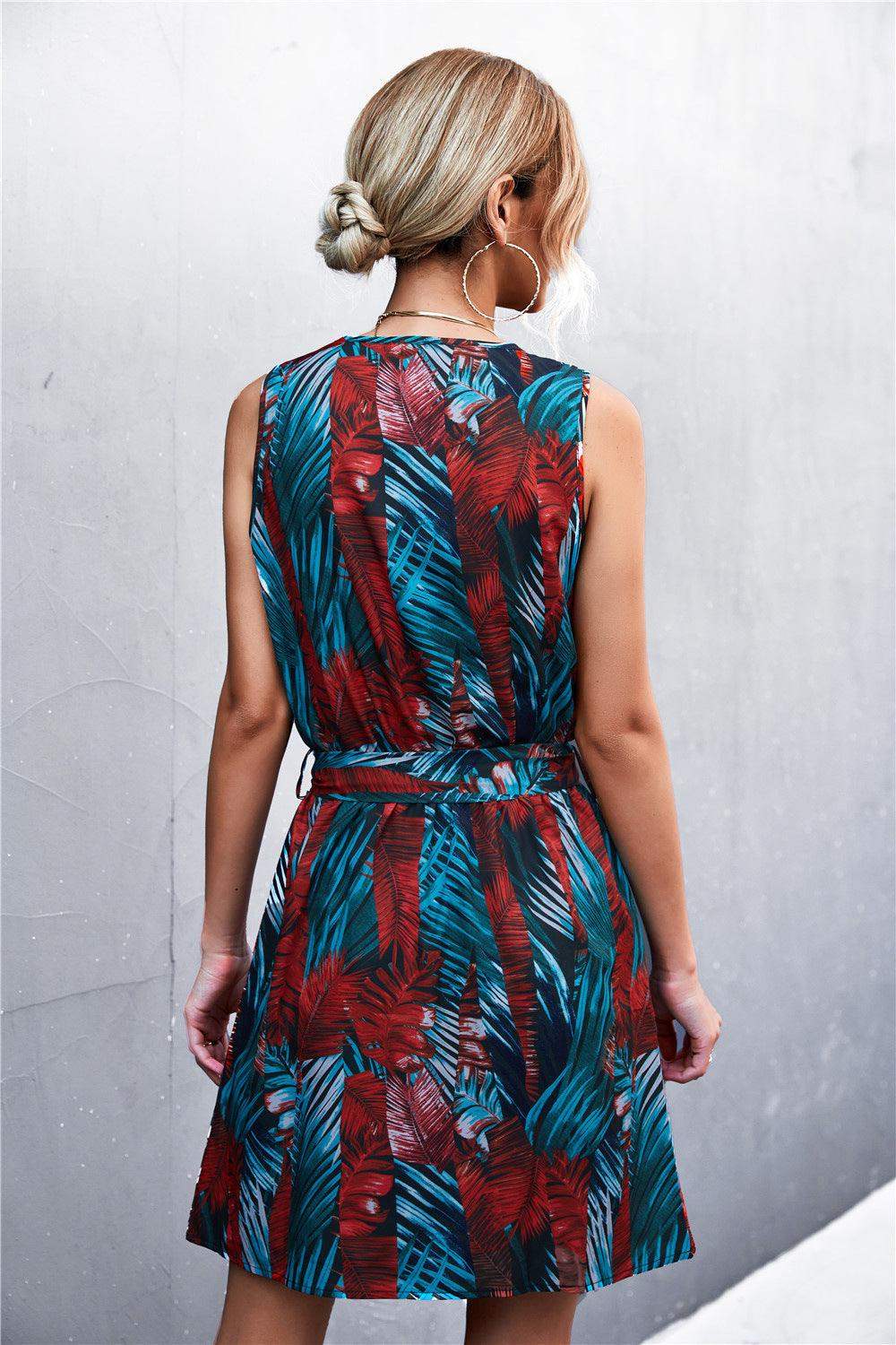 Printed Zip Detail Belted Sleeveless Dress - Trendsi - Flyclothing LLC