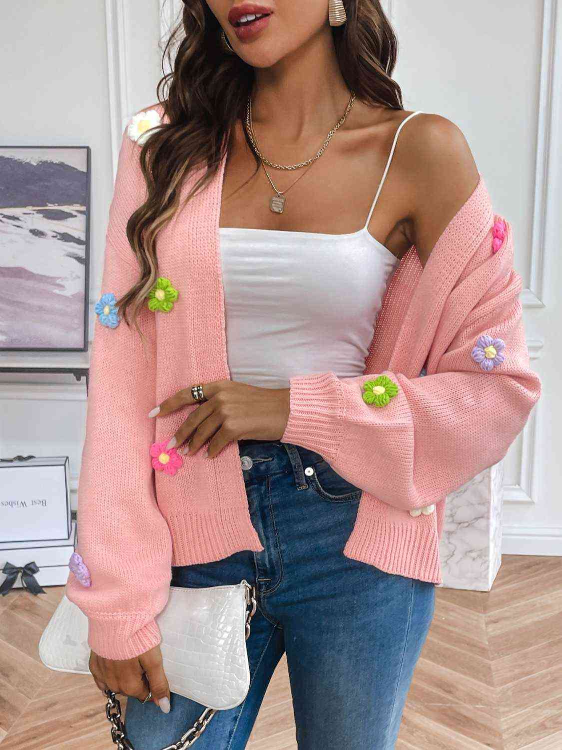 Floral Long Sleeve Open Front Cardigan - Trendsi - Flyclothing LLC