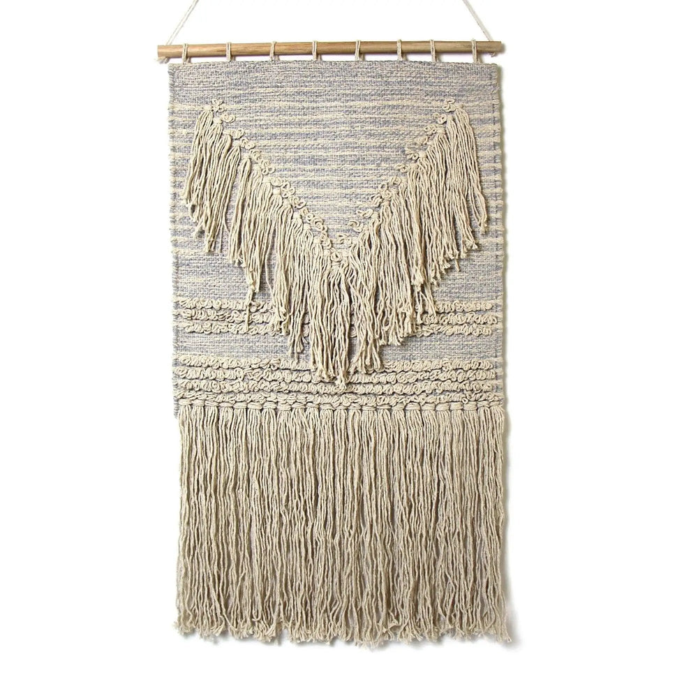 Handwoven Boho Wall Hanging, Blue Grey with Cream Fringe - Asha Handicrafts
