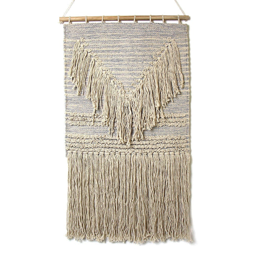Handwoven Boho Wall Hanging, Blue Grey with Cream Fringe - Asha Handicrafts