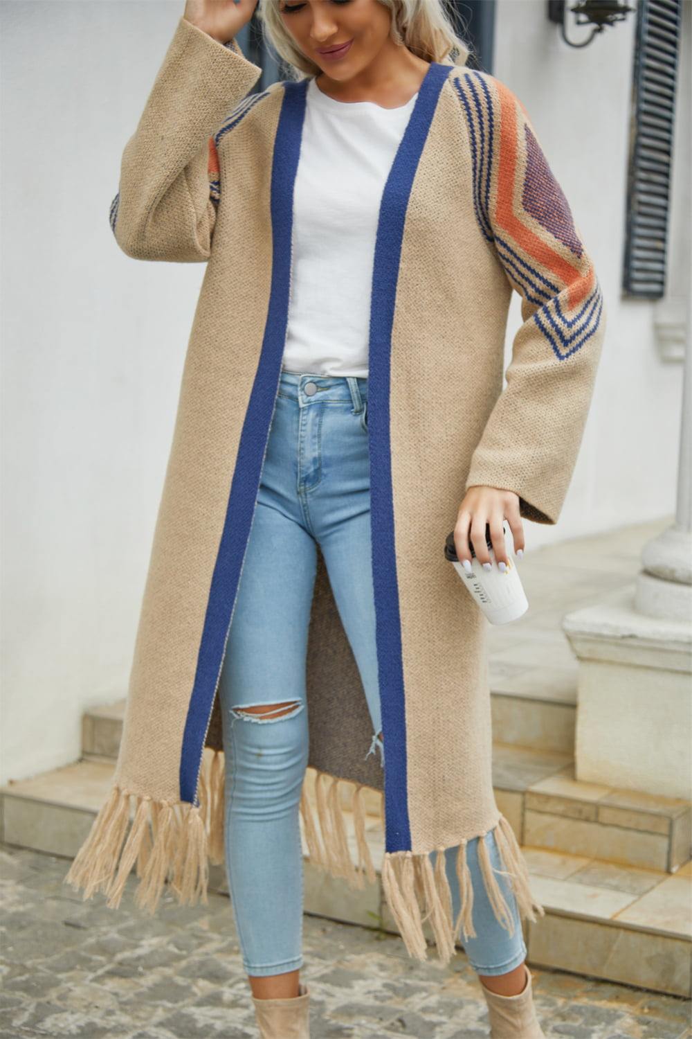 Geometric Fringe Hem Open Front Duster Cardigan - Trendsi