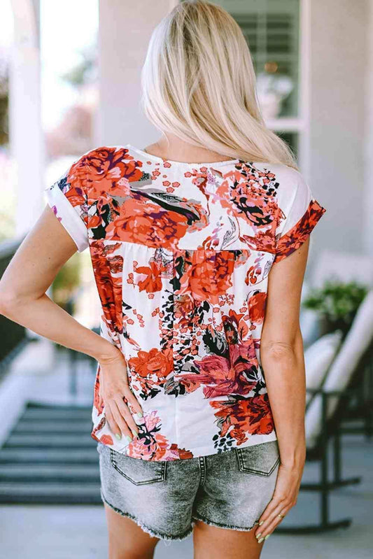 Floral Round Neck Short Sleeve Top - Trendsi - Flyclothing LLC
