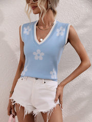Floral Contrast Ribbed Trim Sweater Vest - Flyclothing LLC
