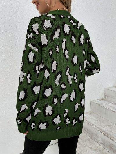 Leopard Open Front Dropped Shoulder Cardigan - Trendsi - Flyclothing LLC