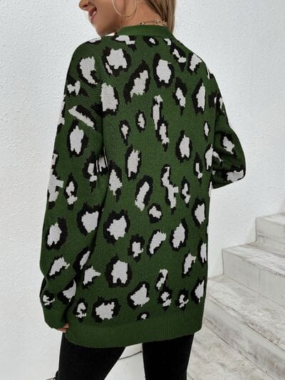 Leopard Open Front Dropped Shoulder Cardigan - Trendsi