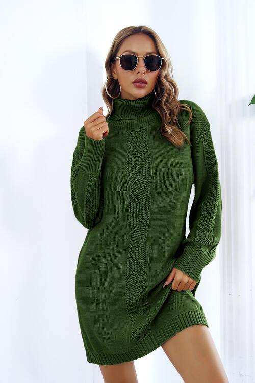 Openwork Turtleneck Long Sleeve Sweater Dress - Trendsi - Flyclothing LLC