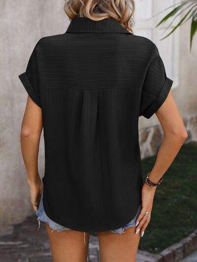 Textured Button Up Cap Sleeve Shirt - Trendsi - Flyclothing LLC