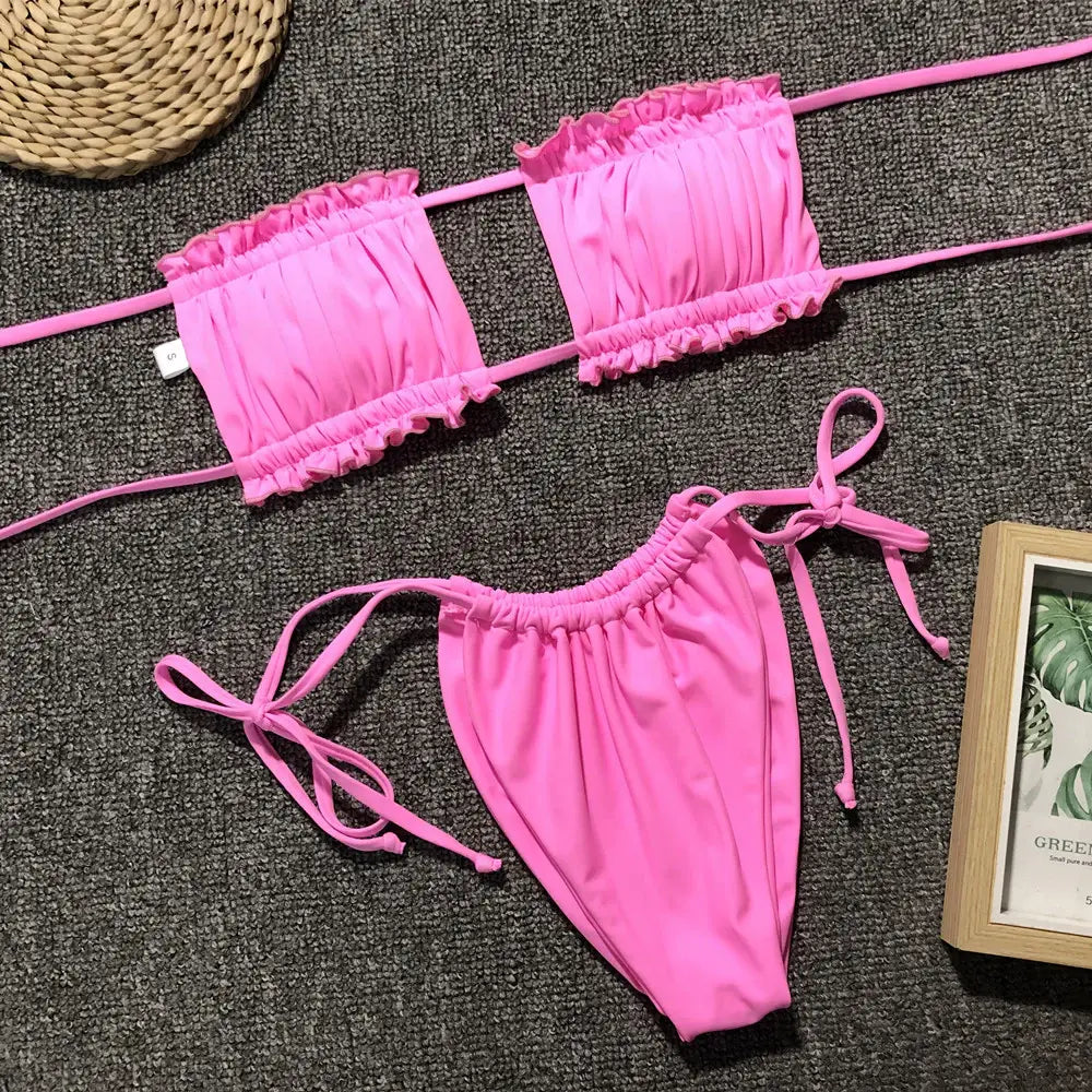 Frill Trim Ruched Bikini Set - Trendsi - Flyclothing LLC