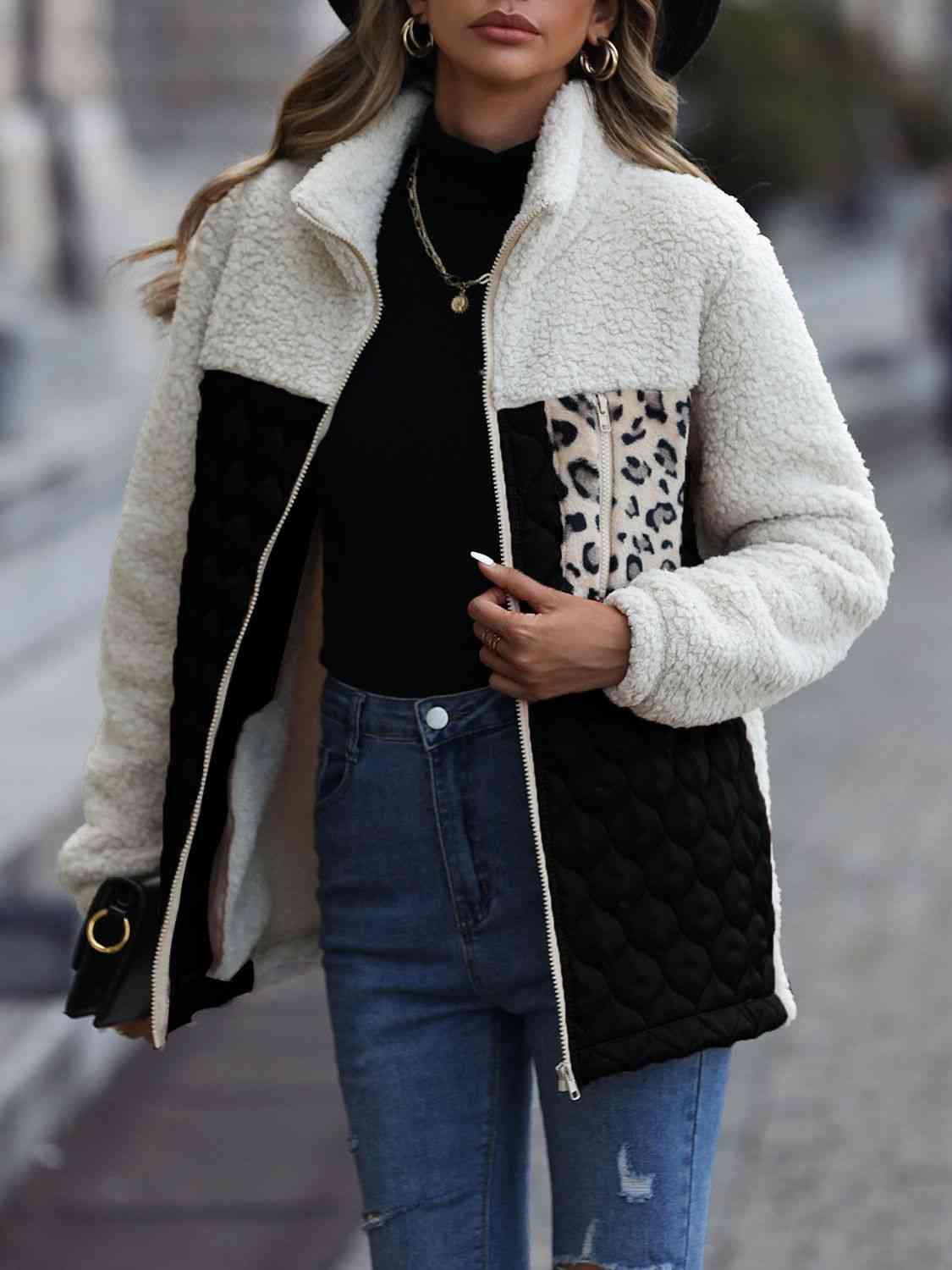 Leopard Color Block Zip-Up Jacket - Trendsi