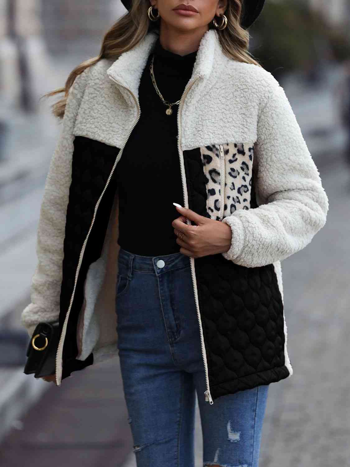Leopard Color Block Zip-Up Jacket - Trendsi - Flyclothing LLC