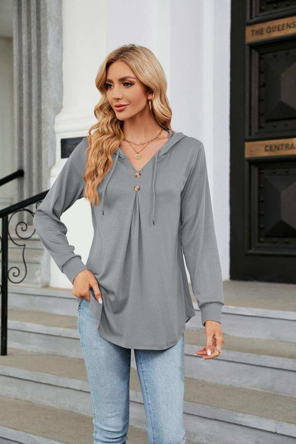 Long Sleeve Hooded Blouse - Trendsi - Flyclothing LLC