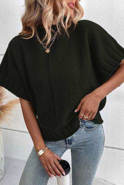 Mock Neck Short Sleeve Sweater - Trendsi - Flyclothing LLC