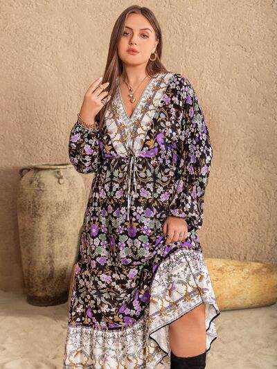 Plus Size V-Neck Balloon Sleeve Printed Midi Dress - Trendsi - Flyclothing LLC