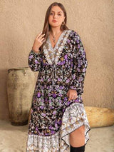 Plus Size V-Neck Balloon Sleeve Printed Midi Dress - Trendsi - Flyclothing LLC