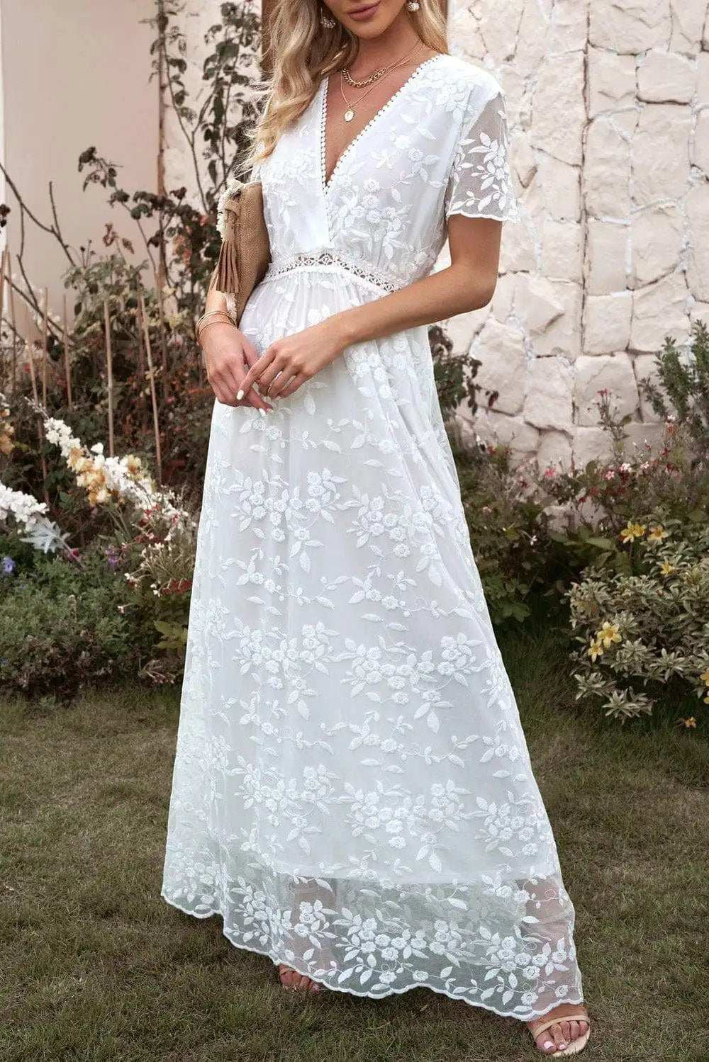 Embroidered Short Sleeve Surplice Neck Maxi Dress - Trendsi - Flyclothing LLC