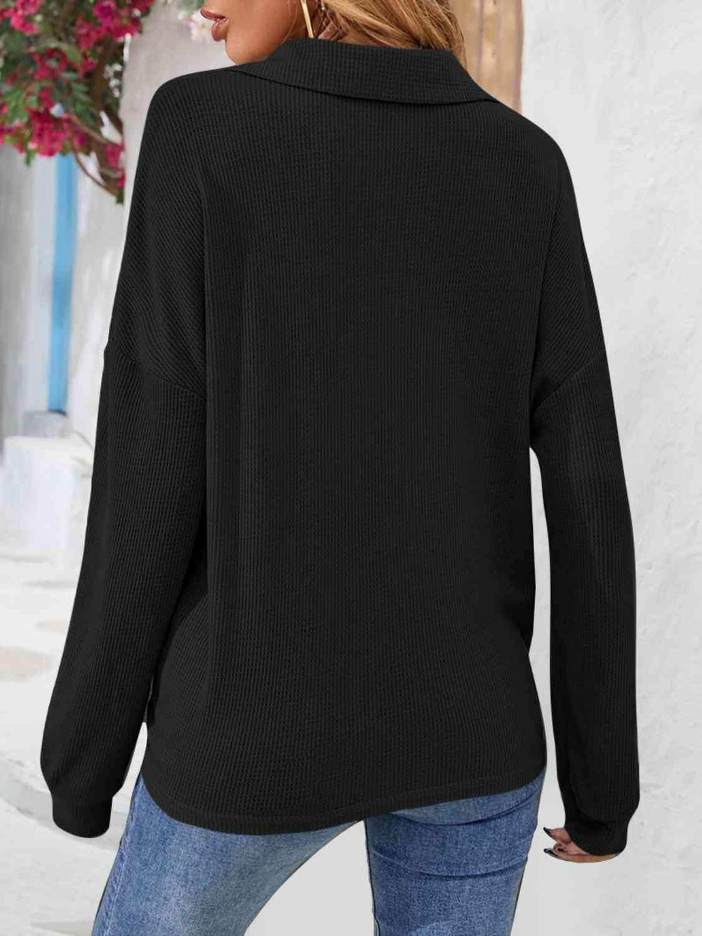 Half Button Collared Neck Long Sleeve Top - Trendsi - Flyclothing LLC