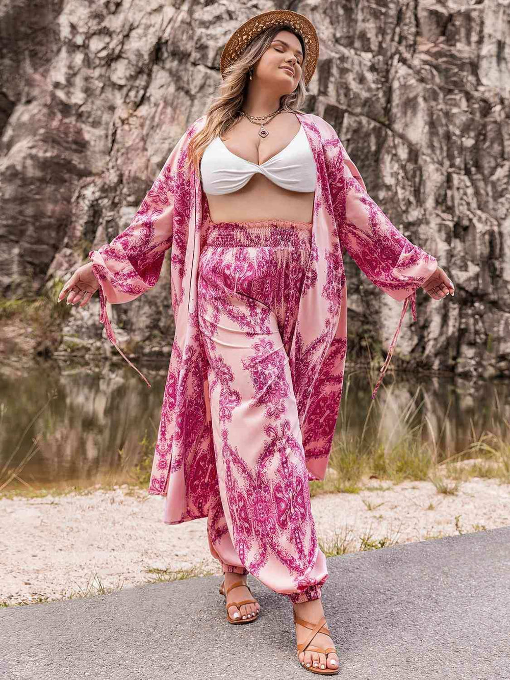 Plus Size Open Front Cardigan and Pants Set - Trendsi - Flyclothing LLC