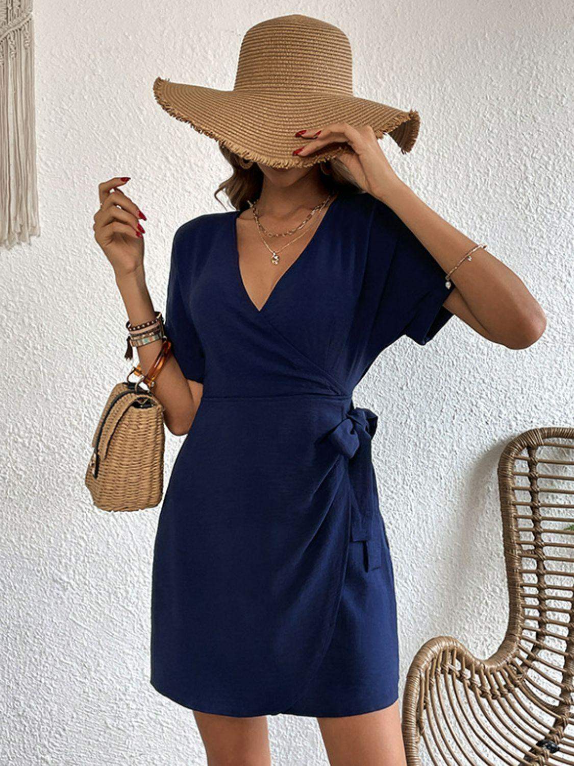 Tied Cuffed Sleeve Surplice Dress - Trendsi - Flyclothing LLC