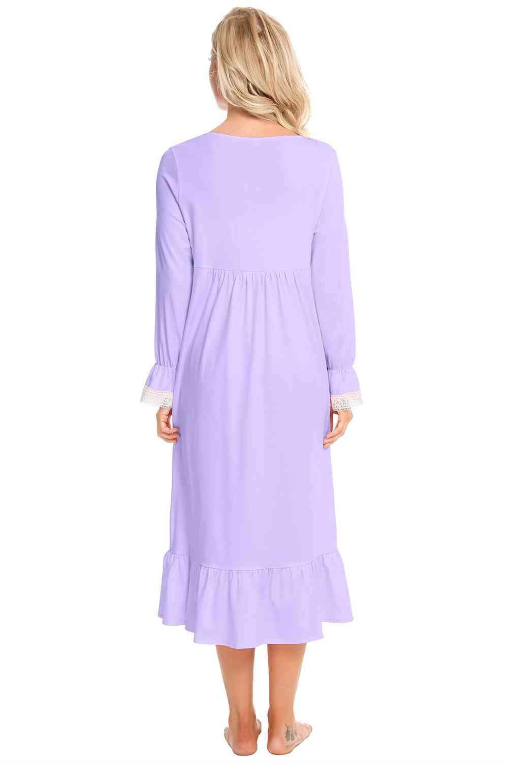 Lace Detail Square Neck Flounce Sleeve Night Dress - Trendsi - Flyclothing LLC