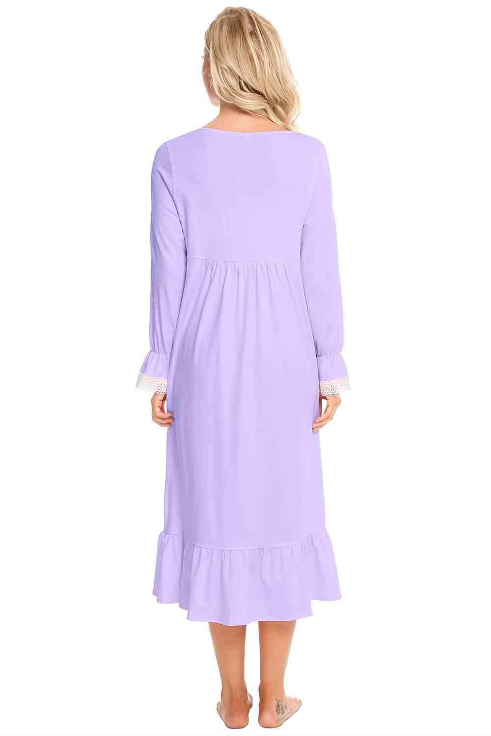 Lace Detail Square Neck Flounce Sleeve Night Dress - Trendsi - Flyclothing LLC