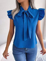 Tie Neck Cap Sleeve Blouse - Trendsi - Flyclothing LLC